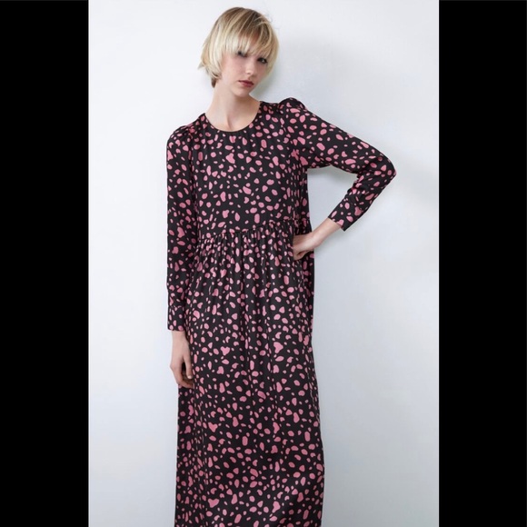 Zara Size Medium Black With Pink Polka Dots Printed Long Sleeve Midi Dress - Picture 2 of 13